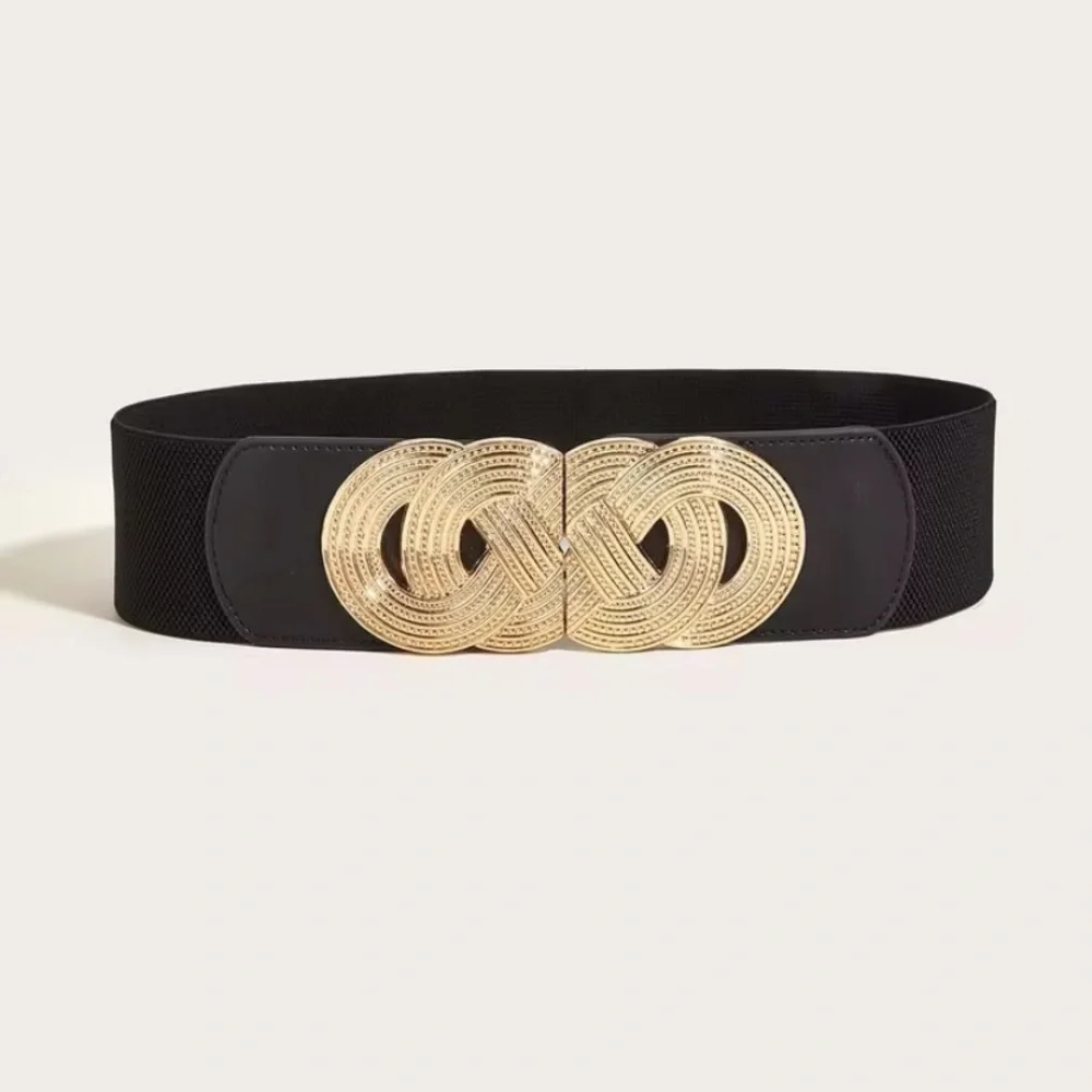 🆕 Gold Black Vintage Interlocking Buckle Elastic Waist Adjustable Belt Small